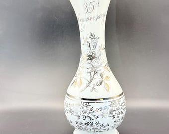25th Anniversary Bud Vase | Chatillon Fine China White Silver Floral Vase AB-186