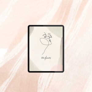 Peut inclure: Une tablette numérique affichant un dessin au trait minimaliste d'un visage avec un papillon et le texte "2026 planner". Le design est posé sur un fond beige avec des formes abstraites de style aquarelle, encadré d'un bord noir.