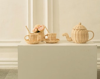 Handcrafted Rattan Daeng Tea Set, Montessori Pretend Play Toy, Wicker Nursery Decor