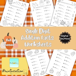 May include: A collection of fall-themed worksheets for single-digit addition facts. The image features several pages with math problems, pumpkins, and autumn-themed illustrations. The words "Single Digit Addition Facts Worksheets" are displayed prominently.