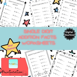 Puede incluir: Una colección de hojas de trabajo de sumas de un solo dígito con temática de estrellas. Las hojas de trabajo presentan problemas de suma con sumas de hasta 18. La imagen incluye el texto "Single Digit Addition Facts Worksheets" y "Digital Download".