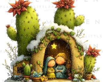 Unique Southwest Nativity Christmas Clipart | Desert Cactus Holiday PNGs | 16 Transparent Backgrounds