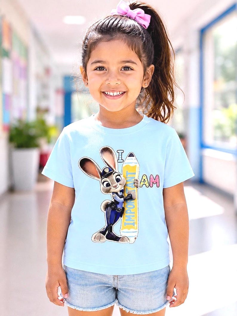 K&ouml;nnte beinhalten: Hellblaues T-Shirt mit einem Cartoon-Hasen in Polizeiuniform, der einen Bleistift mit der Aufschrift "I AM IMPORTANT" h&auml;lt. Das T-Shirt wird von einem jungen M&auml;dchen getragen. Das M&auml;dchen tr&auml;gt Jeansshorts.
