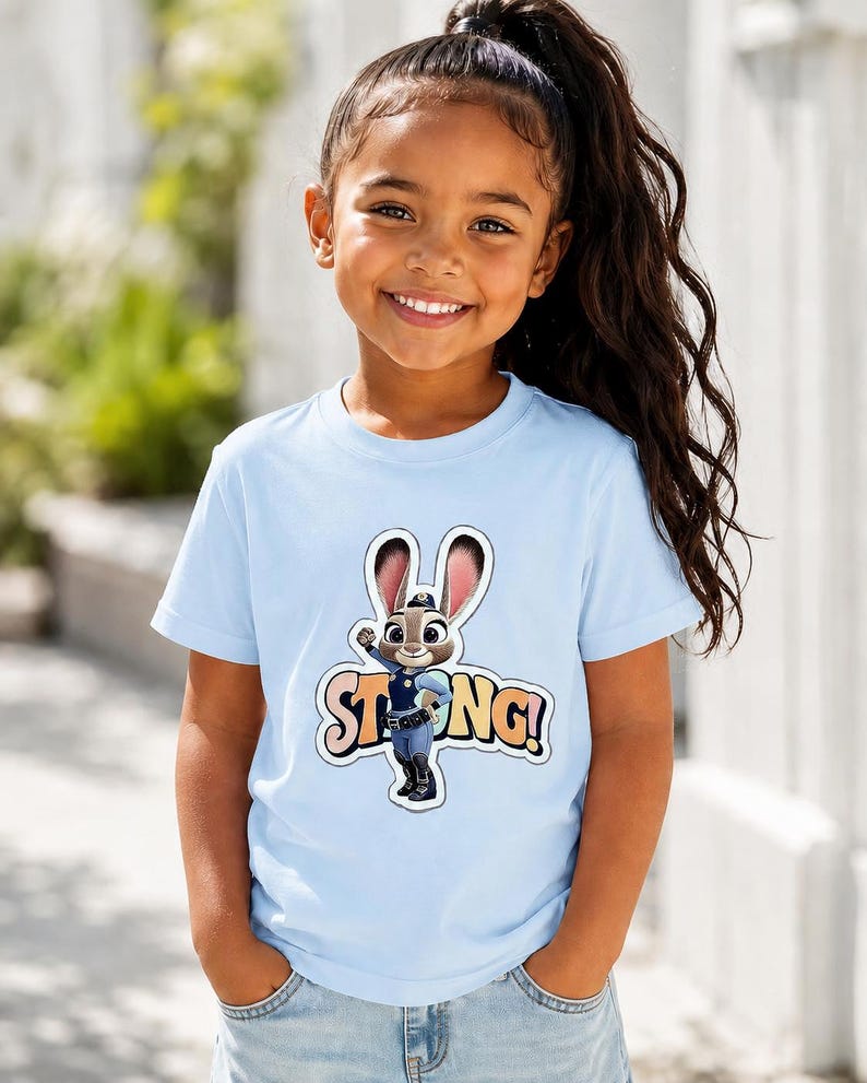 Op de afbeelding: Een lichtblauw T-shirt met een cartoonafbeelding van Judy Hopps uit Zootopia, met het woord "STRONG!" in een kleurrijk lettertype. Het T-shirt wordt gedragen door een jong meisje met lang donker haar.
