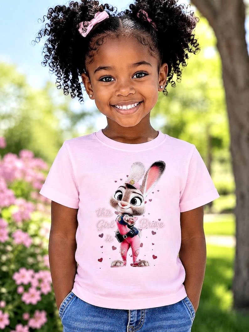 May include: A young girl wearing a light pink t-shirt featuring a cartoon bunny character in a police uniform. The shirt has the text "This Girl is Brave" with heart accents. The girl is smiling, with curly hair and wearing a pink bow.