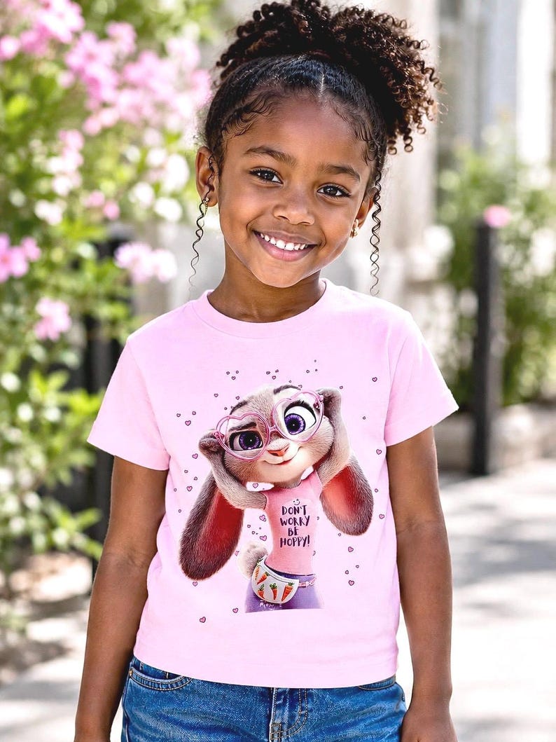 May include: A pink t-shirt featuring a cartoon bunny wearing glasses and a fanny pack, with the text "DON'T WORRY BE HOPPY!". The shirt is worn by a young girl with curly hair.