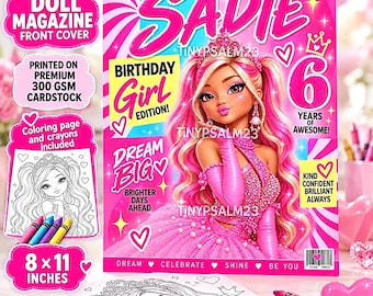 Personalized Doll Birthday Magazine Cover, Custom Birthday Girl Party Favor, Pink Fashion Doll Cover, Coloring Page & Crayons, 8x11