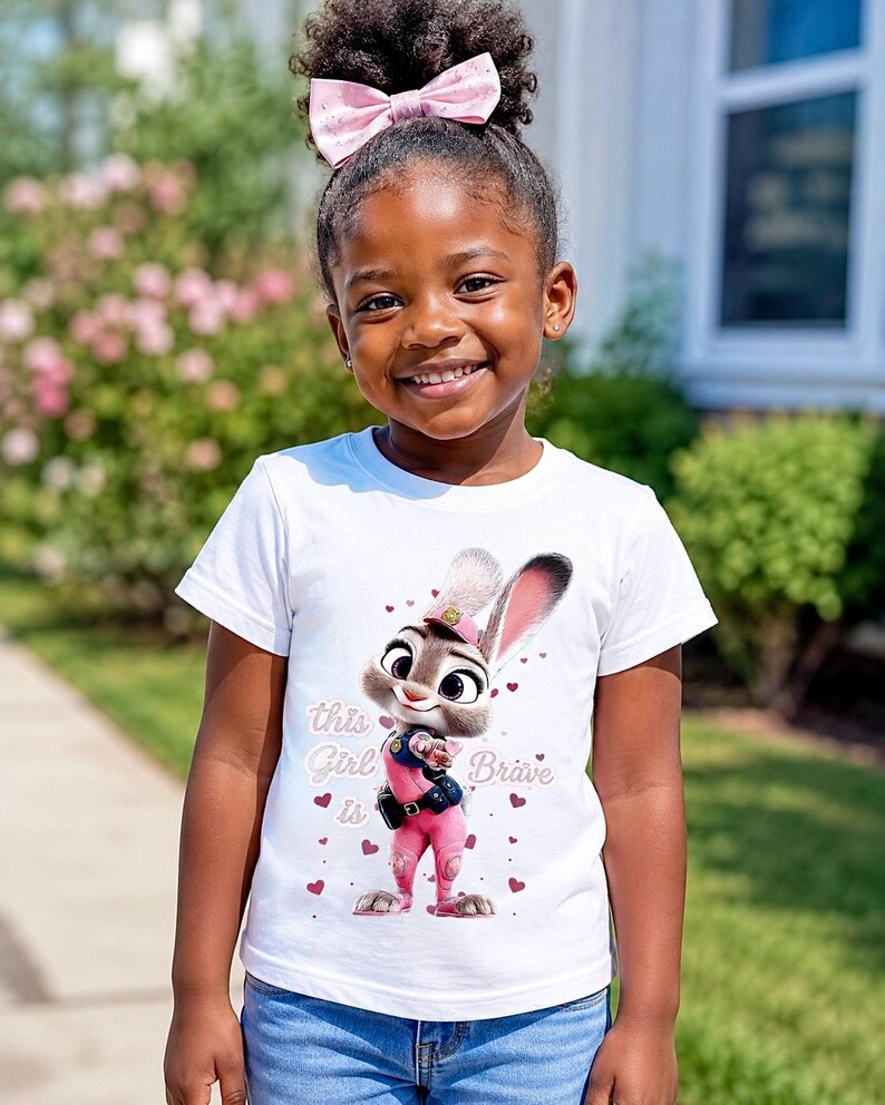 May include: A young girl wearing a white t-shirt featuring a cartoon bunny character in pink attire. The shirt has the text "This Girl is Brave" and heart graphics. She is also wearing a pink bow in her hair.