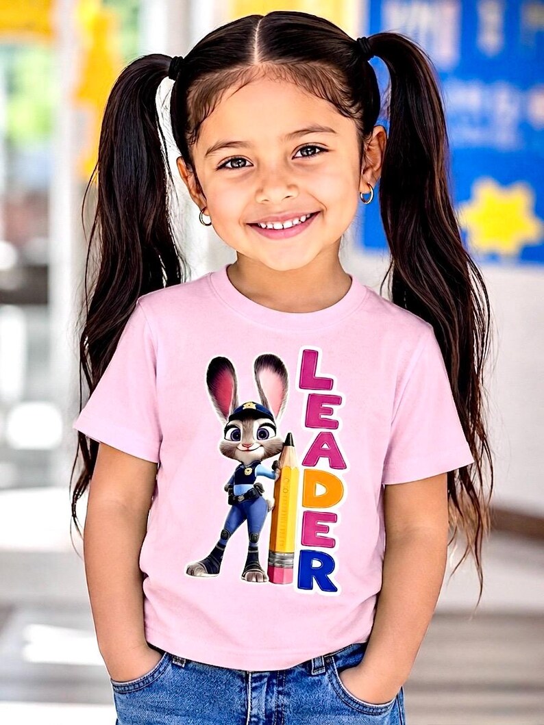 May include: A light pink t-shirt with a cartoon rabbit police officer holding a pencil, and the word "LEADER" in colourful letters. The shirt is worn by a young girl with dark hair in pigtails.