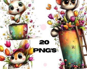 Whimsical Animal Clipart Bundle: Botanical Lemur, Bunny, Chick (20 PNGs, 300DPI)