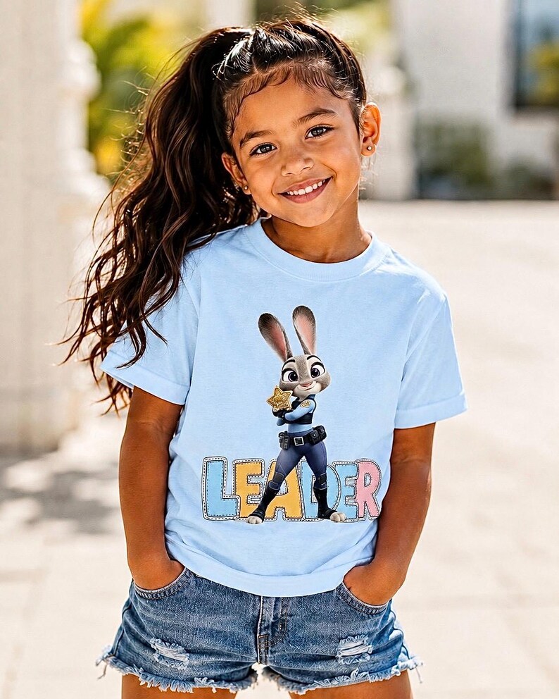 May include: A young girl wearing a light blue t-shirt with a cartoon image of Judy Hopps from Zootropolis, holding a star badge. The word "LEADER" is printed below the image in colourful letters. She is also wearing denim shorts.