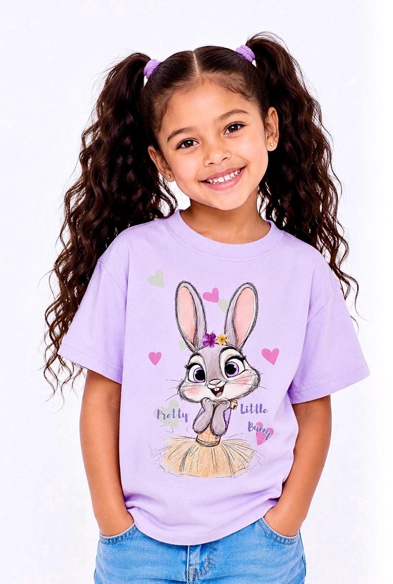May include: A light purple short-sleeved t-shirt featuring a graphic of a grey cartoon rabbit wearing a yellow skirt and a flower crown. The text "Pretty Little Bunny" is printed in purple script alongside small pink and light green hearts.
