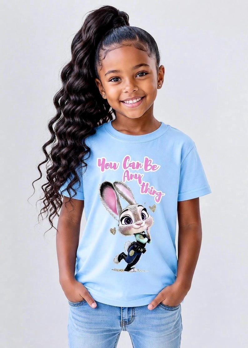 May include: A light blue t-shirt featuring a cartoon image of Judy Hopps from Zootopia. The shirt has the text "You Can Be Anything" in pink script. The girl is wearing blue jeans.