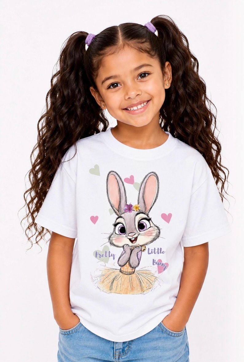 May include: A white short-sleeved t-shirt featuring a graphic illustration of a grey rabbit with large purple eyes, wearing a yellow skirt and floral crown, surrounded by small hearts and the text Pretty Little Bunny in purple script.