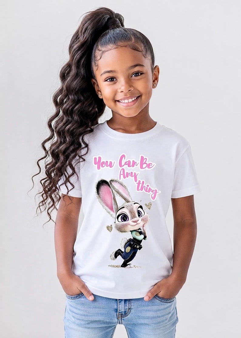 May include: White t-shirt featuring a cartoon image of Judy Hopps from Zootopia, with the text "You Can Be Anything" in pink. The shirt is worn by a young girl with long, curly dark hair and blue jeans.