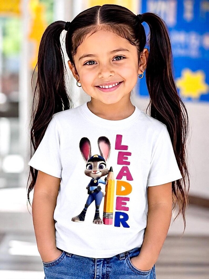 May include: A young girl wearing a white t-shirt featuring a cartoon bunny holding a pencil, with the word "LEADER" in pink, orange, and blue. The girl is smiling and wearing blue jeans.