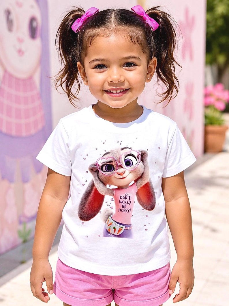 May include: A young girl smiles, wearing a white t-shirt featuring a cartoon bunny character with glasses and the text "Don't Worry Be Hoppy!". She also wears pink shorts and has pink bows in her hair.