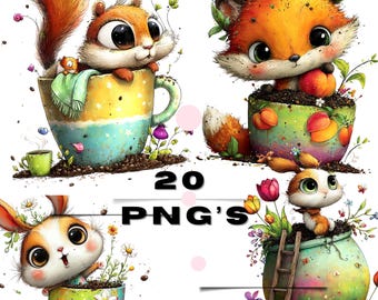 Garden Animals Clipart Bundle: Floral Pots, Bunnies, Fox (20 PNGs) (Digital Download