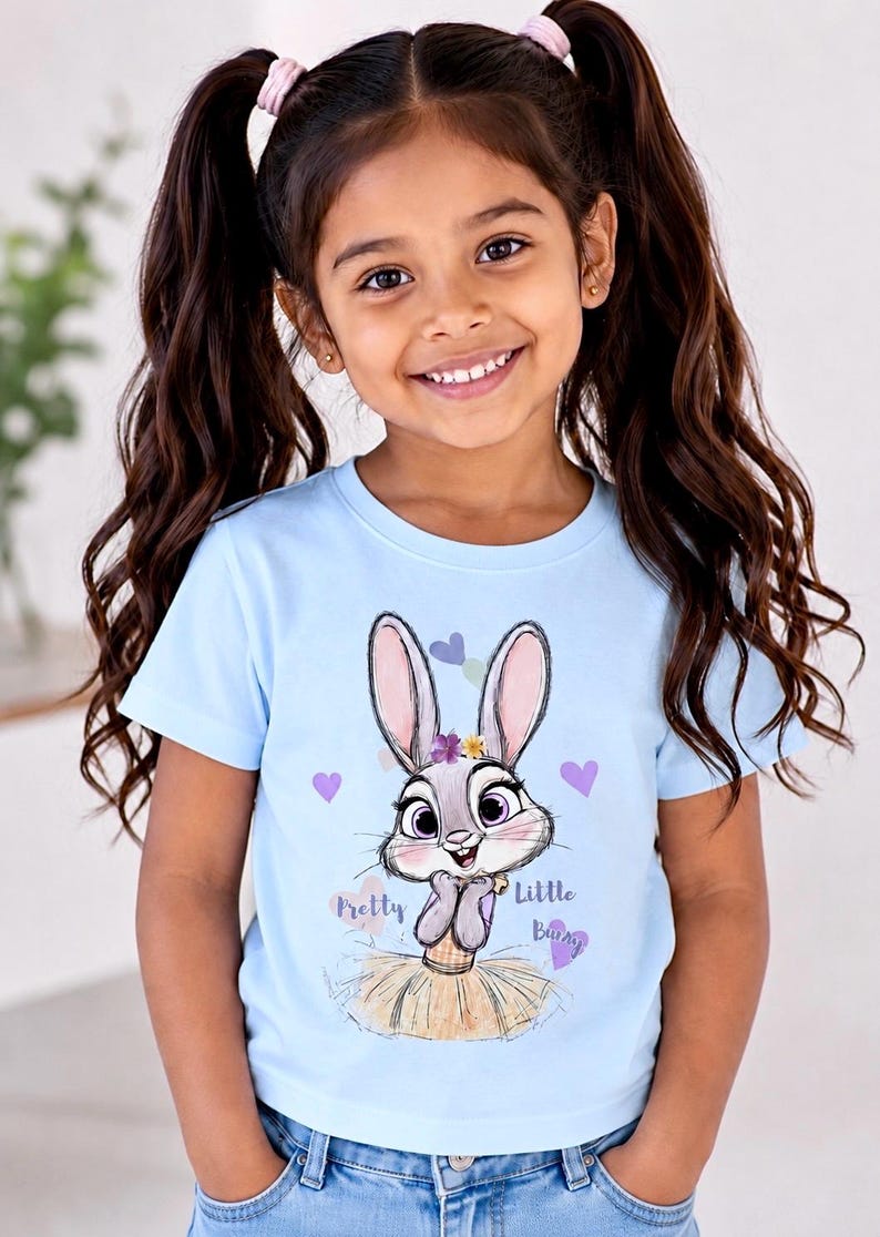 May include: A light blue short-sleeved t-shirt featuring a graphic illustration of a grey rabbit with large eyes, wearing a floral crown and a tan skirt. The text "Pretty Little Bunny" is printed in script next to the rabbit, surrounded by small purple and blue hearts.