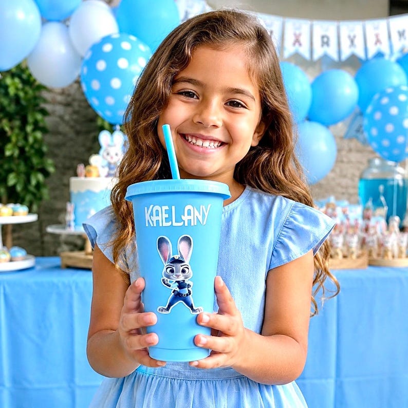 May include: A light blue plastic tumbler with a matching lid and straw, featuring the name KAELANY in white text above a graphic of a cartoon rabbit character in a police uniform. The cup has a smooth finish and a cylindrical shape.
