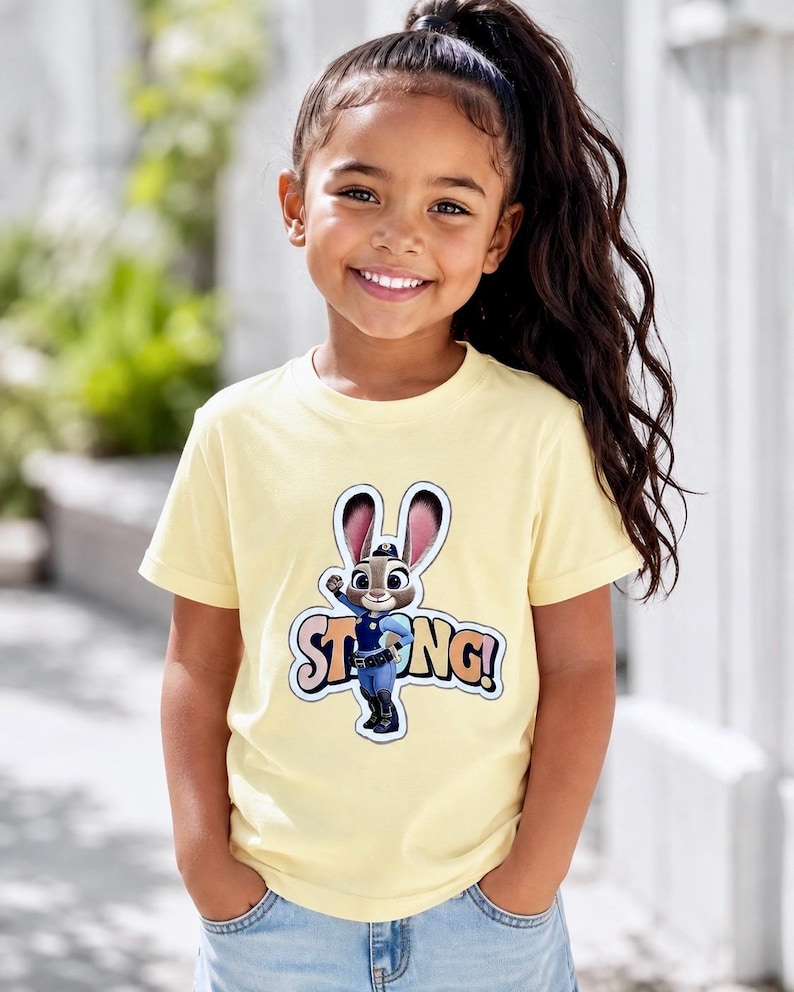 Op de afbeelding: Een lichtgeel t-shirt met een cartoonafbeelding van Judy Hopps uit Zootopia, met het woord "STRONG!" in kleurrijke letters. Het shirt wordt gedragen door een jong persoon met lang donker haar en een spijkerbroek.