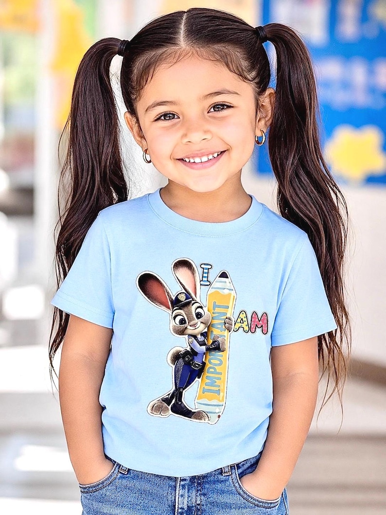K&ouml;nnte beinhalten: Ein junges M&auml;dchen mit dunklem Haar in Z&ouml;pfen l&auml;chelt und tr&auml;gt ein hellblaues T-Shirt. Das Shirt zeigt ein Cartoon-Bild eines Hasen in Polizeiuniform, der einen Bleistift mit den Worten "I AM IMPORTANT" h&auml;lt.