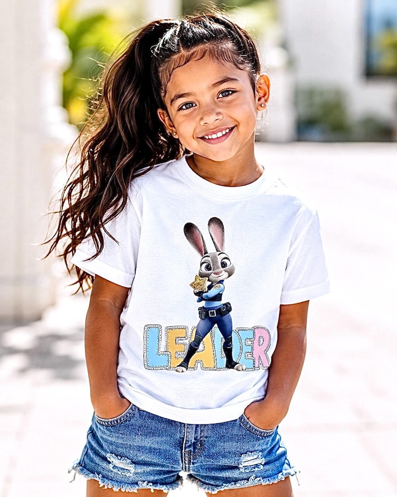 May include: A white t-shirt with a cartoon image of Judy Hopps from Zootropolis, holding a badge. The word "LEADER" is printed below the image in colourful letters. The shirt is worn with denim shorts.