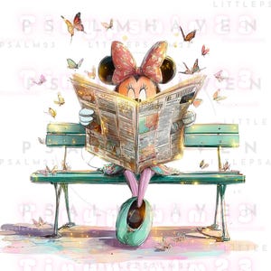 May include: A whimsical illustration of Minnie Mouse reading a newspaper on a park bench, surrounded by butterflies. Minnie wears a pink bow and is dressed in a colorful outfit. The bench is teal, and the scene has a soft, watercolor-like quality.