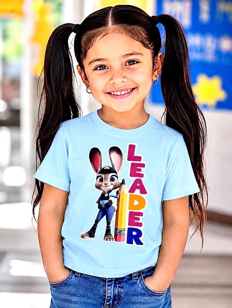 May include: A light blue t-shirt with a cartoon image of Judy Hopps from Zootropolis holding a pencil, and the word "LEADER" in colourful letters. The shirt is worn by a young girl with dark hair in pigtails.