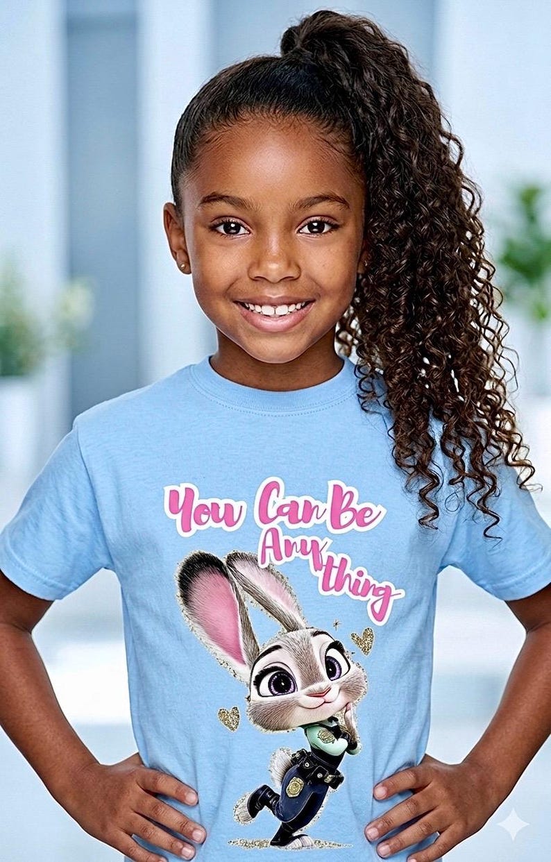 May include: A light blue t-shirt featuring a cartoon image of Judy Hopps from Zootopia, with the text "You Can Be Anything" in pink. The shirt has a crew neck and short sleeves.