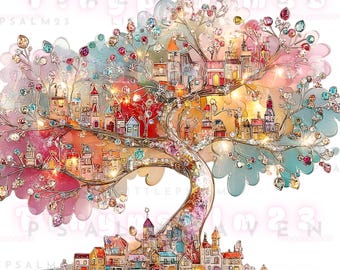 Fairy City Tree Clipart (15 PNG) | Pastel Gem Trees & Hidden Villages | Sparkle Fantasy PNG