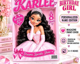 Birthday Girl Doll Magazine, Personalized Name Cover, Custom Birthday Keepsake, 8x11 Cardstock Party Favor