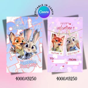 May include: Two Valentine's Day cards featuring characters from Zootopia. One card has Nick Wilde and Judy Hopps with the text "Friends Fur Life." The other card has photos of the characters with the text "Happy Valentine's Day."