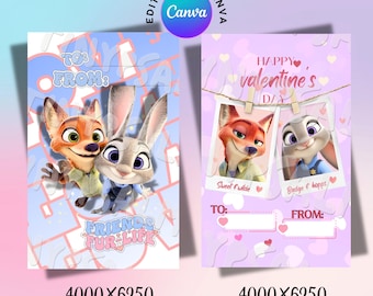 Editable Judy Hopps & Nick Wilde Inspired Valentine Cards | 2 Card Bundle | Canva Template