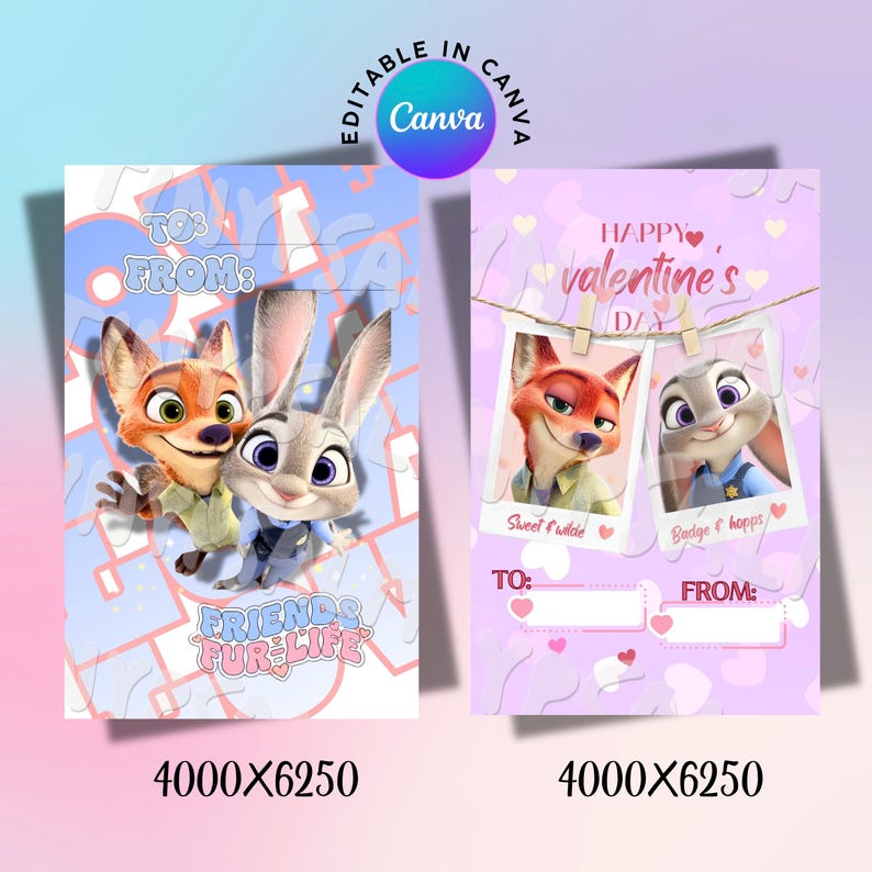 May include: Two Valentine's Day cards featuring characters from Zootopia. One card has Nick Wilde and Judy Hopps with the text "Friends Fur Life." The other card has photos of the characters with the text "Happy Valentine's Day."