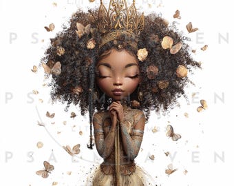 Black Praying Queens Clipart: Faith-Inspired Girls Digital Art (PDF Download, 300 DPI)
