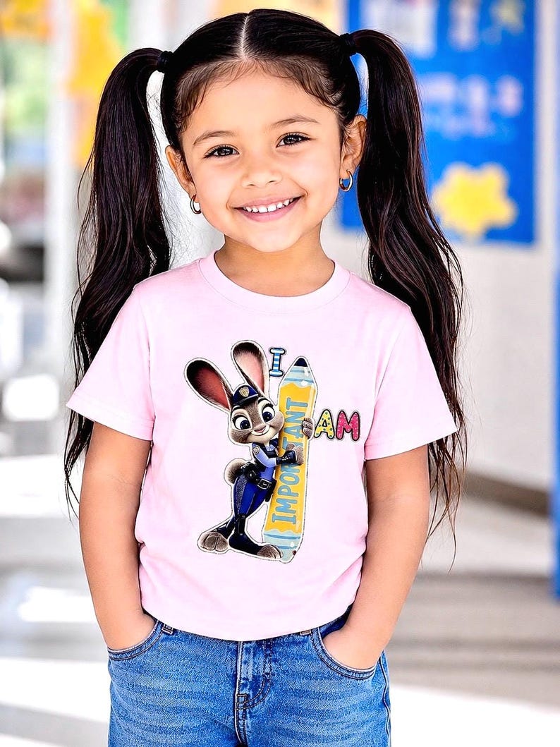 K&ouml;nnte beinhalten: Ein junges M&auml;dchen tr&auml;gt ein hellrosa T-Shirt mit einem Cartoon-Hasen, der einen Bleistift mit der Aufschrift "Important" h&auml;lt. Die Worte "I AM" stehen ebenfalls auf dem Shirt. Das M&auml;dchen l&auml;chelt und tr&auml;gt eine blaue Jeans.