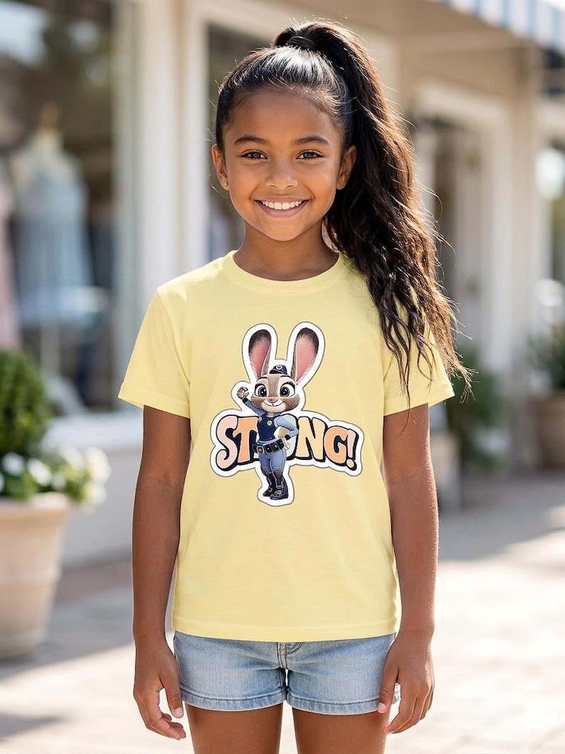 Op de afbeelding: Een lichtgeel T-shirt met een cartoon konijn en de tekst "STRONG!" erop gedrukt. Het T-shirt wordt gedragen door een jong meisje met donker haar en een spijkerbroek.