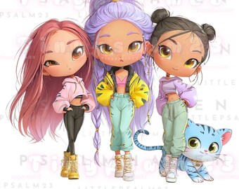 K-Pop Inspired Chibi Hunters Clipart (13 PNG) | Glitter Glam Girl Bundle | Transparent (PDF Download)