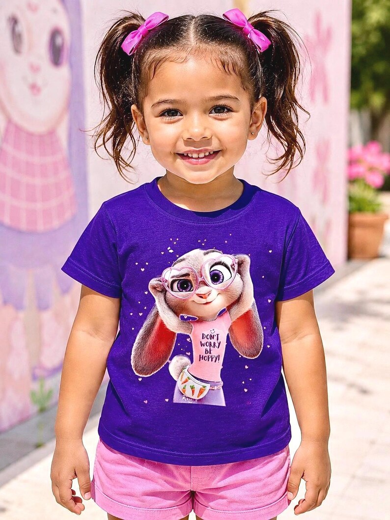 May include: A young child wearing a purple t-shirt with a cartoon bunny graphic and the text "DON'T WORRY BE HOPPY!". The child is also wearing pink shorts and has pink bows in their hair.