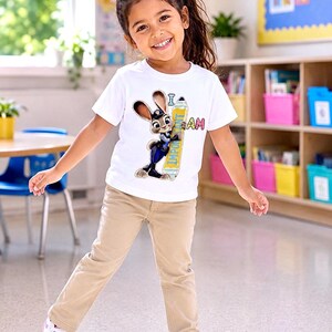 K&ouml;nnte beinhalten: Ein junges M&auml;dchen tr&auml;gt ein wei&szlig;es T-Shirt mit einem Cartoon-Hasen, der einen Bleistift mit der Aufschrift "I AM IMPORTANT" h&auml;lt. Sie tr&auml;gt eine khakifarbene Hose und wei&szlig;e Turnschuhe mit rosa Akzenten. Das M&auml;dchen l&auml;chelt.