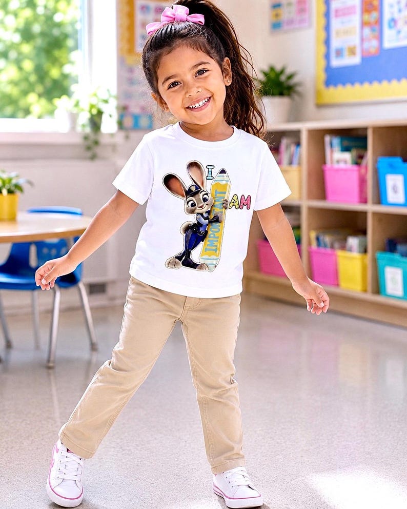 K&ouml;nnte beinhalten: Ein junges M&auml;dchen tr&auml;gt ein wei&szlig;es T-Shirt mit einem Cartoon-Hasen, der einen Bleistift mit der Aufschrift "I AM IMPORTANT" h&auml;lt. Sie tr&auml;gt eine khakifarbene Hose und wei&szlig;e Turnschuhe mit rosa Akzenten. Das M&auml;dchen l&auml;chelt.