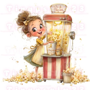 May include: A digital illustration of a young girl in a yellow dress and apron, smiling while serving popcorn from a vintage popcorn machine. The machine is red and white striped, with the words "Fresh Popcorn" on top.