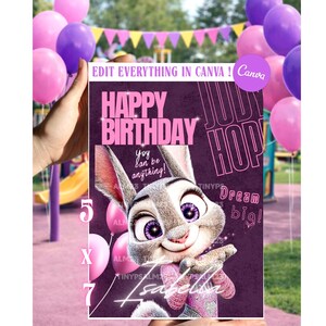 Judy Hopps Birthday Invitation & Happy Birthday Card | Editable Canva Template | Zootopia-Inspired afbeelding 2