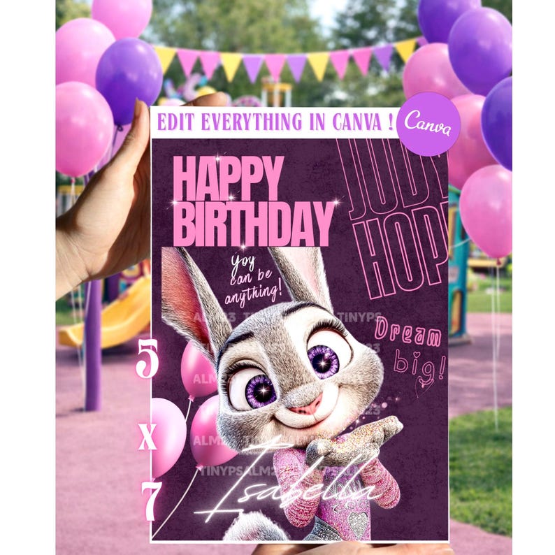 Judy Hopps Birthday Invitation & Happy Birthday Card | Editable Canva Template | Zootopia-Inspired afbeelding 2