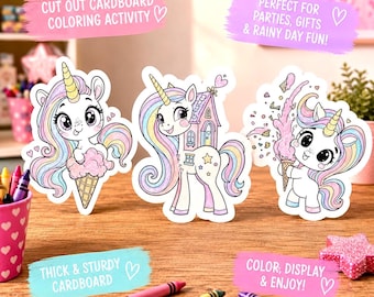Unicorn Coloring Cards Set | Die Cut Heavy Cardstock Activity Cards (6 Pack)