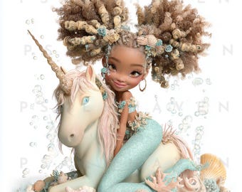 Mermaid & Unicorn Clipart Bundle: Hand-Designed Black Mermaid Illustrations (PDF File)