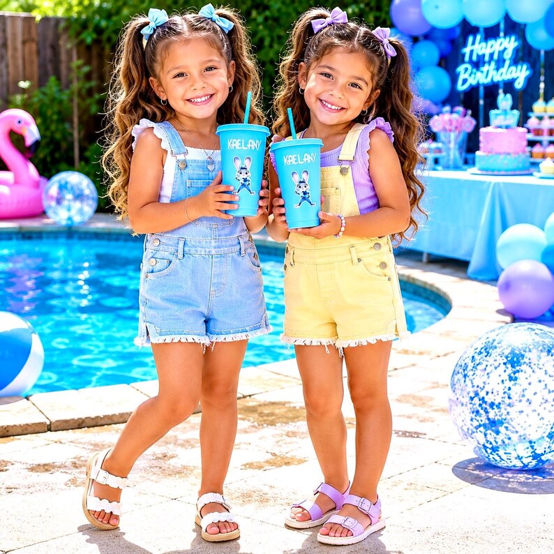 May include: Two children wearing denim dungarees, one in light blue and one in pale yellow, each holding a light blue plastic tumbler with a straw. The tumblers feature a cartoon rabbit graphic and the name Kaelany printed in white text.