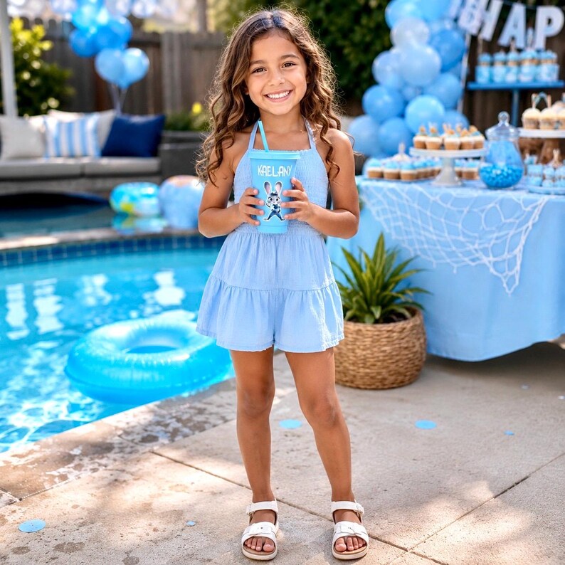 May include: A light blue sleeveless romper with a tiered skirt and a matching light blue plastic tumbler featuring a white straw and a graphic of a cartoon rabbit with the name Kaelany printed in white text on the front of the cup.