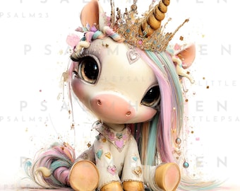 Kawaii Unicorn Princess Clipart – 15 PNGs | Pastel Rainbow Hair, Gold Horns, Crowns | White Background